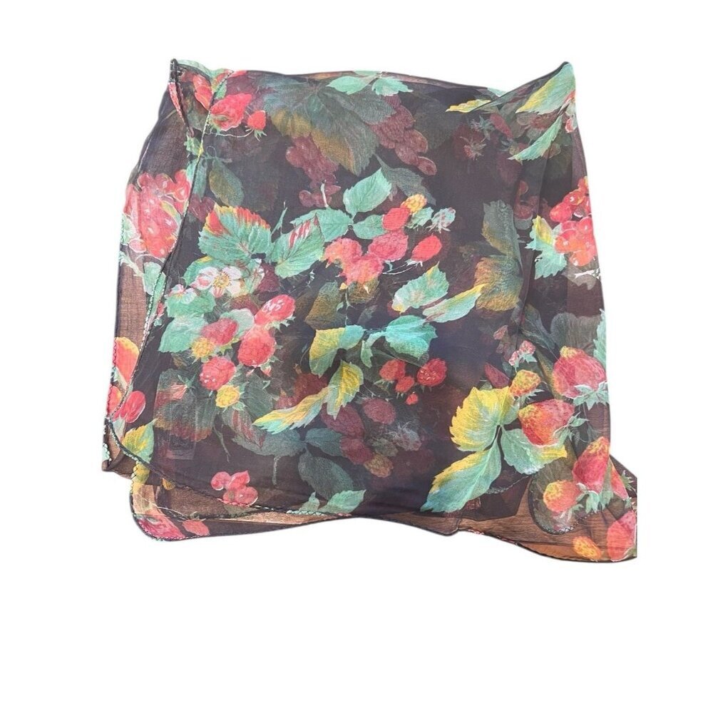 Vintage Jasmine By K.V.M. Scarf Black Sheer Strawberry Floral Retro Cottagecore